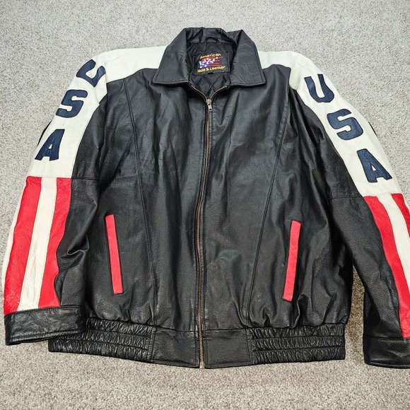 Vintage American Hide & Leather USA Flag Bomber Jacket Mens XL Black Patriotic